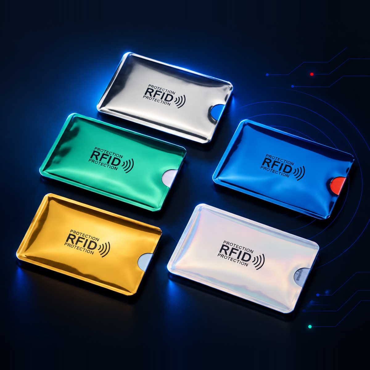 Pack de fundas RFID para tarjetas en colores metalizados sobre fondo oscuro
